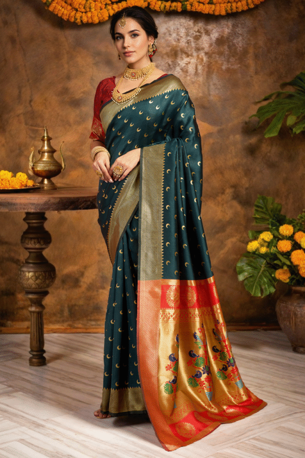 Traditional Dark Green Chand Design Paithani Silk Saree With Zari Weaving Work