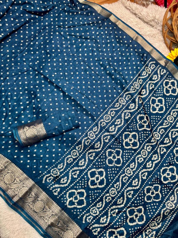Firoji Dola Silk Bandhej Saree With Zari Border - Image 2
