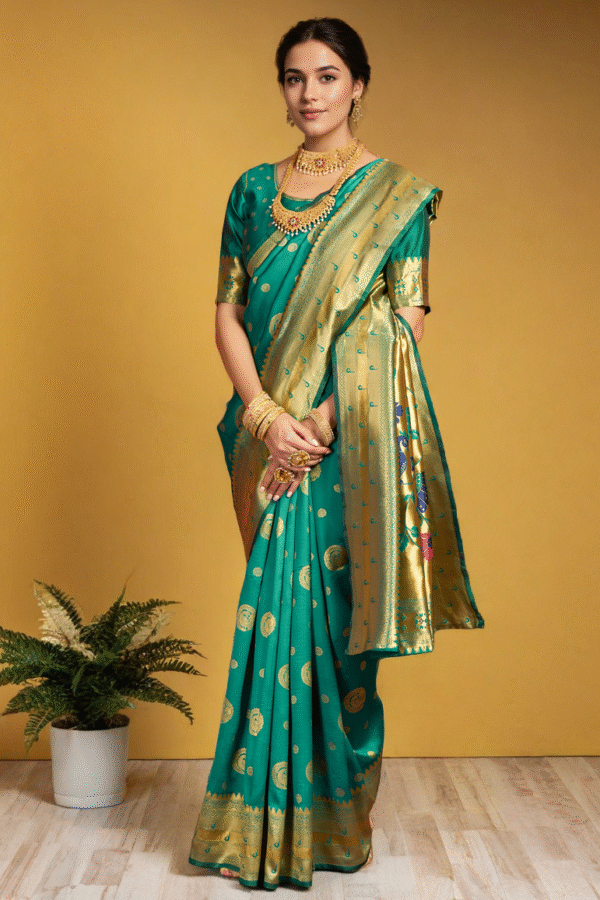 Rama Green Paithani Silk Saree With Zari Weaving Work