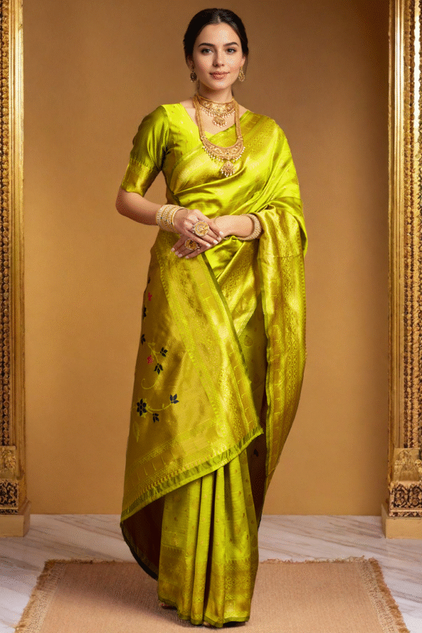 Parrot Green Paithani Silk Saree With Zari Weaving Work