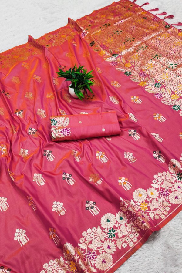 Peach Premium Banarasi Silk Saree With Meenakari Zari Weaving Work