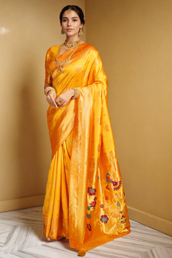 Yellow Paithani Silk Saree With Zari Weaving Work