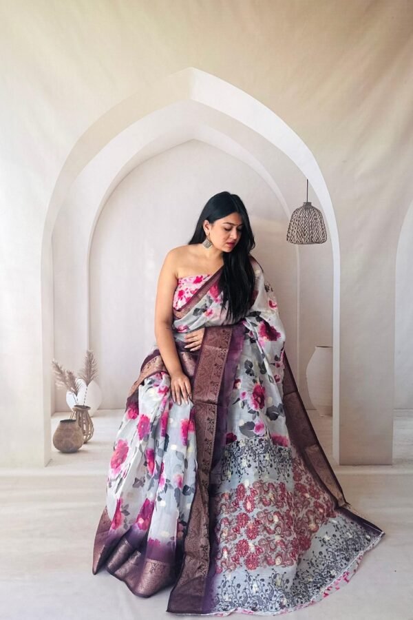 White Soft Dola Silk Saree With Digital Printed Work