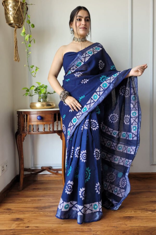 Navy Blue Mix Linen Cotton Saree With Batik Printed Work