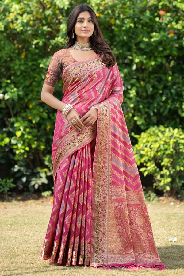 Pink Color Organza Silk Saree With Zari Weaving Work