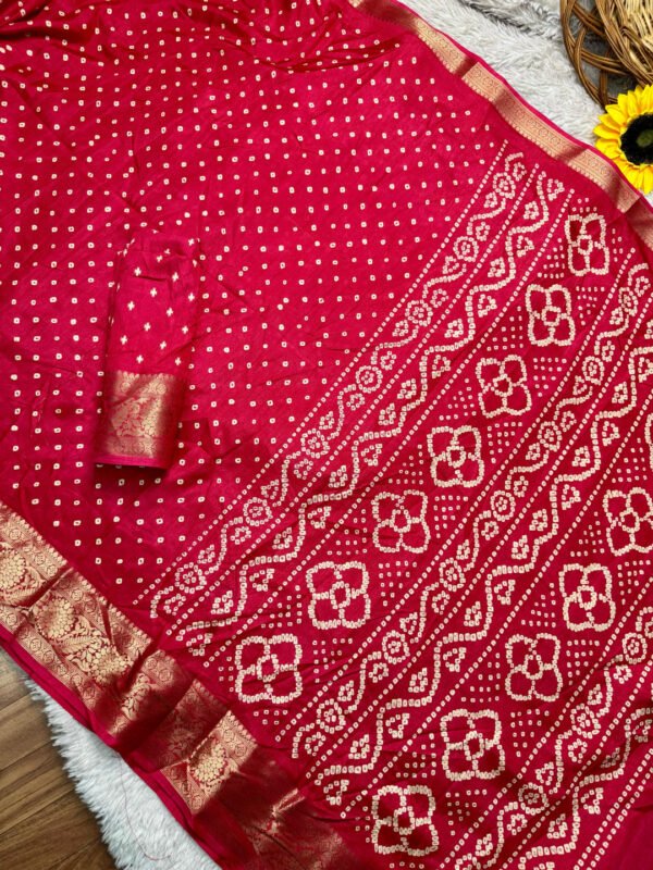 Pink Dola Silk Bandhej Saree With Zari Border - Image 2