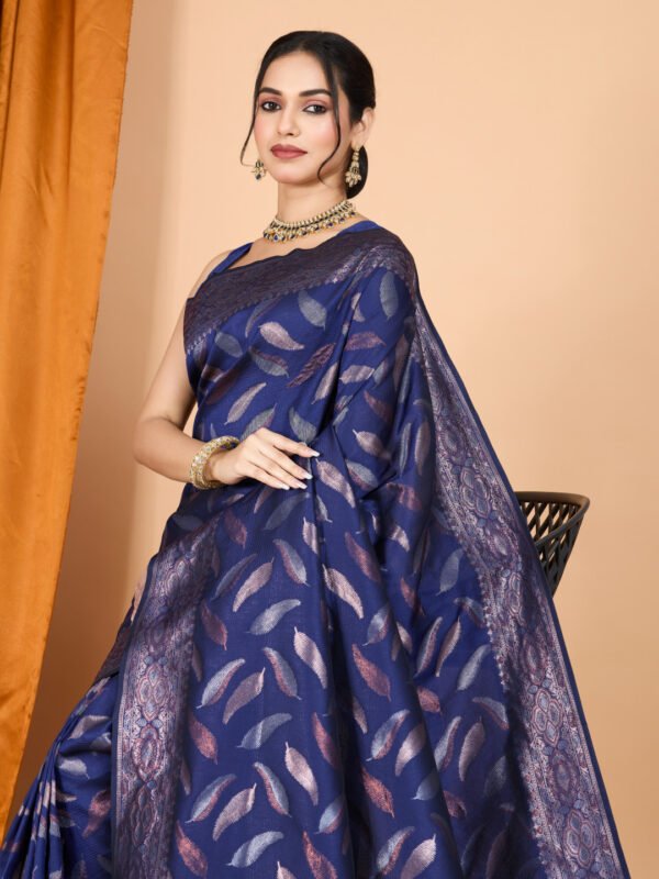 Navy Blue Traditional Banarasi Silk Saree With Zari Weaving Work - Image 2