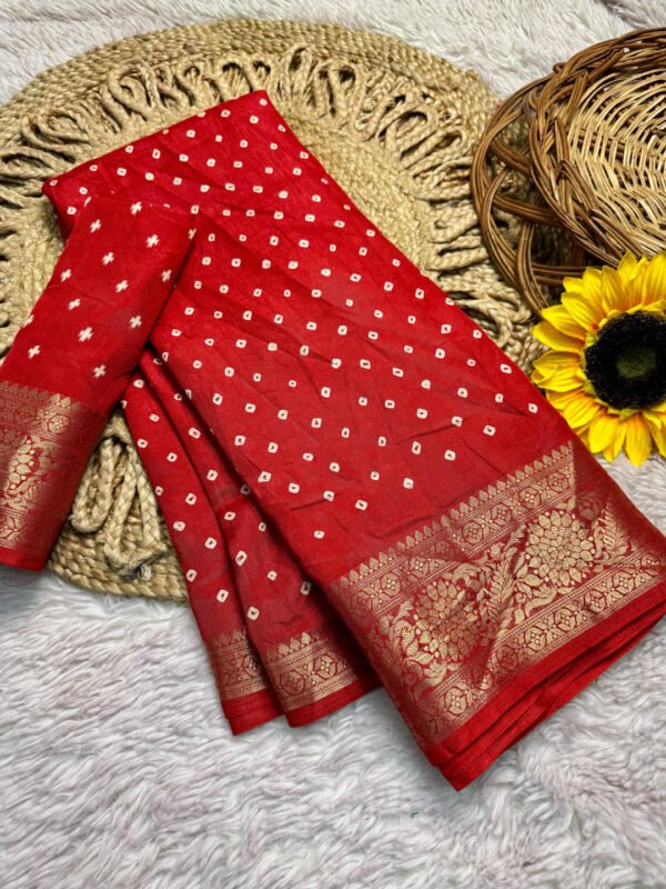 Red Dola Silk Bandhej Saree With Zari Border