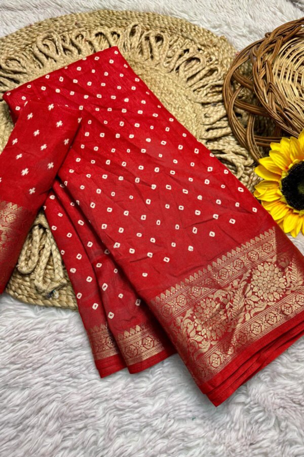 Red Dola Silk Bandhej Saree With Zari Border