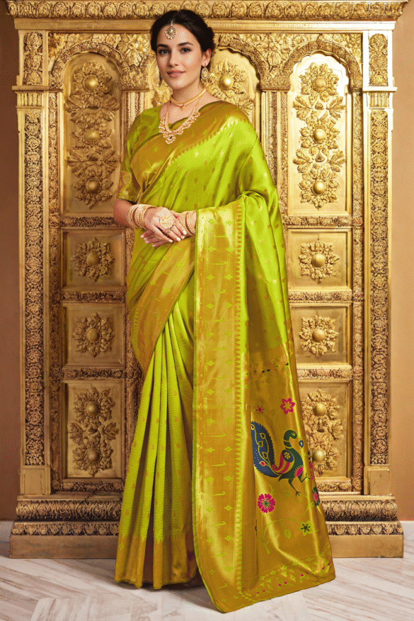 Traditional Parrot Green Paithani Silk Saree With Zari Weaving Work