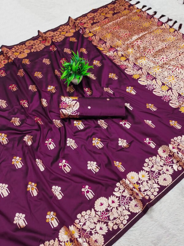 Wine Premium Banarasi Silk Saree With Meenakari Zari Weaving Work