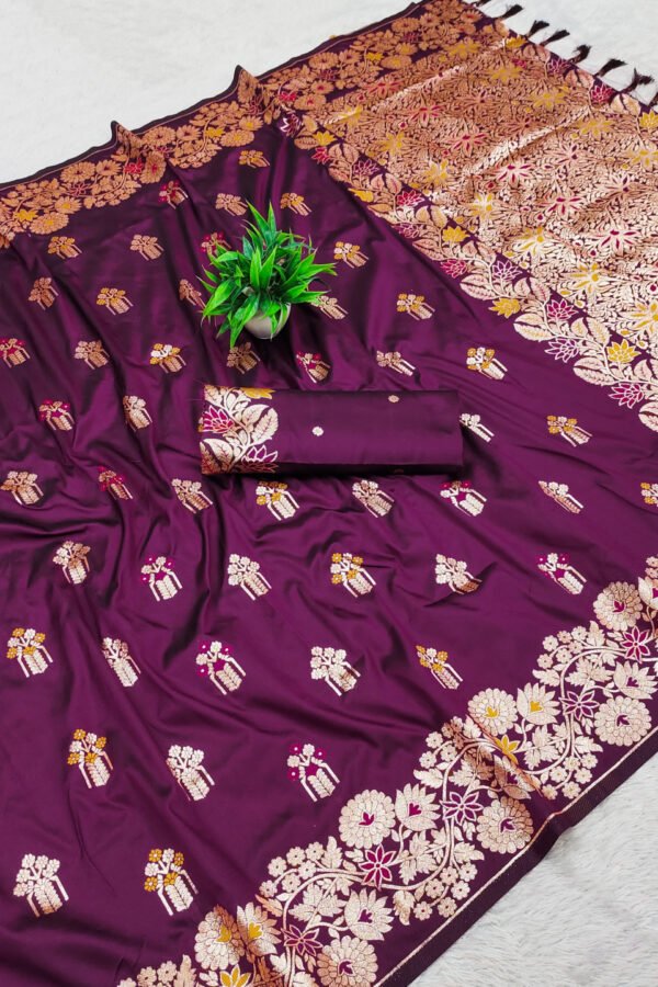 Wine Premium Banarasi Silk Saree With Meenakari Zari Weaving Work