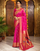 Rani pink Paithani Silk Saree With Zari Weaving Work