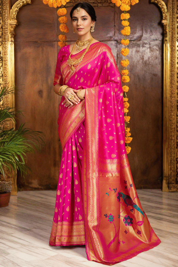 Rani pink Paithani Silk Saree With Zari Weaving Work