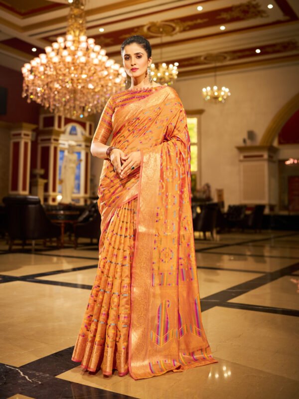 Orange Soft Organza Silk Saree With Zari Weaving Work - Image 3