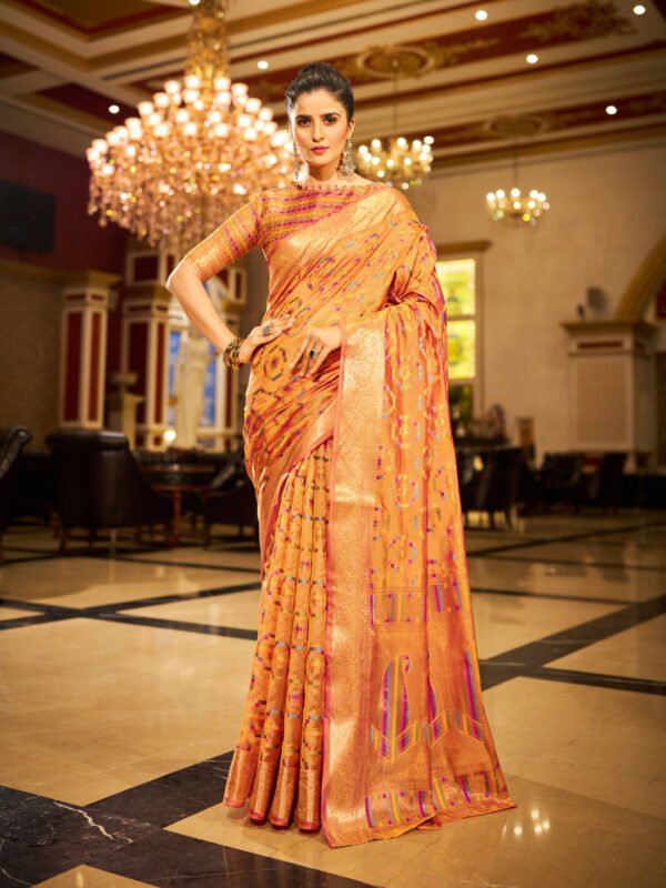 Orange Soft Organza Silk Saree With Zari Weaving Work