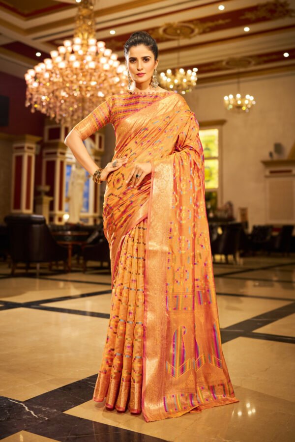 Orange Soft Organza Silk Saree With Zari Weaving Work