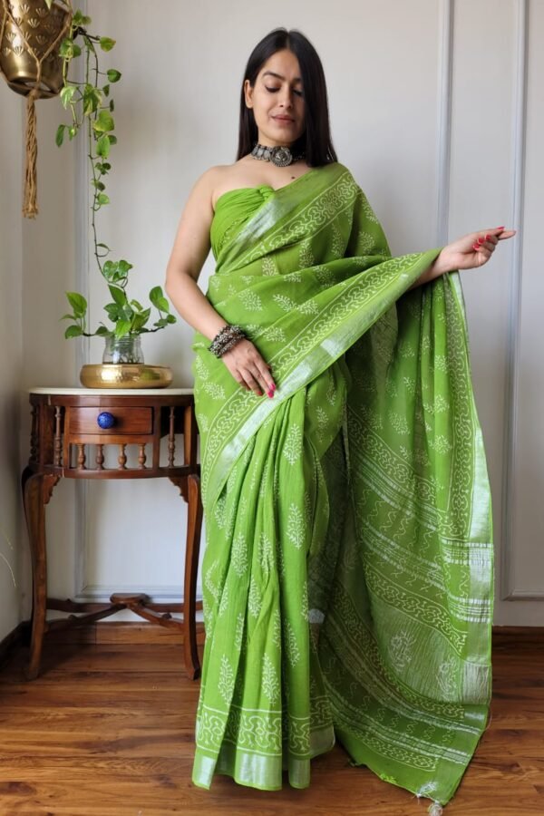 Parrot Green Mix Linen Cotton Saree With Batik Printed Work