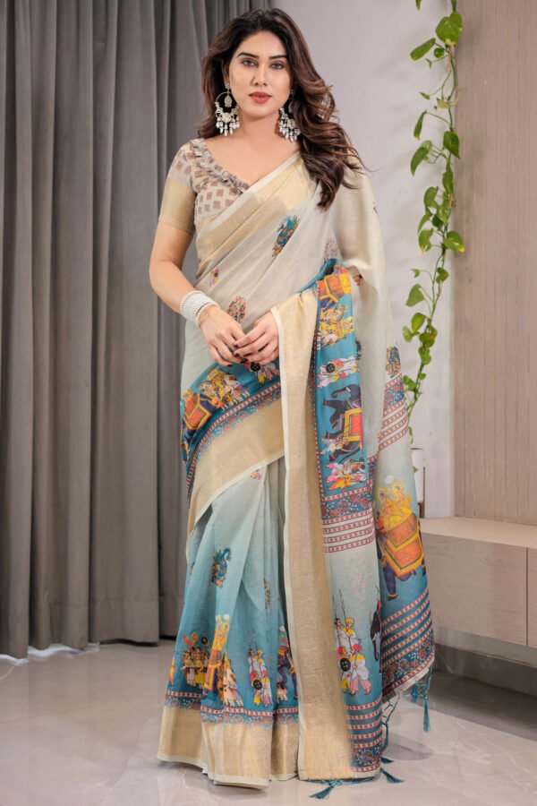 Multi Kalamkari Digital Printed Linen Cotton Saree