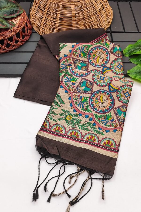 Coffee khadi raw silk saree with beautiful madhubani hand printed pallu