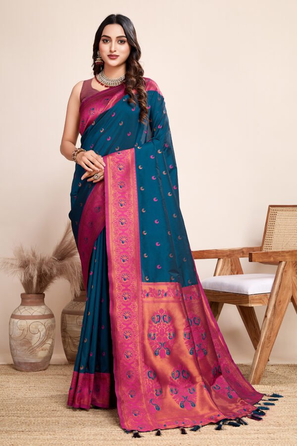 Traditional Paithani Silk Teal Blue Jacquard Saree