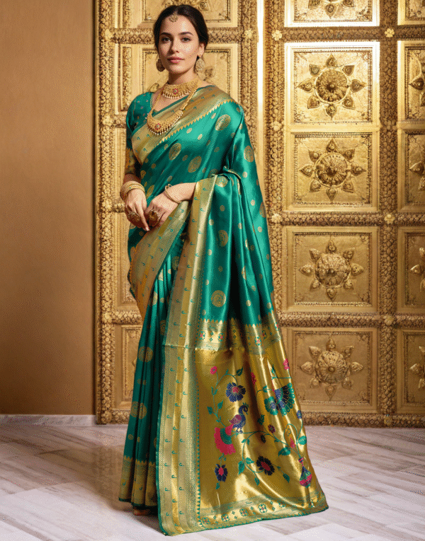 Rama Green Paithani Silk Saree With Zari Weaving Work - Image 2