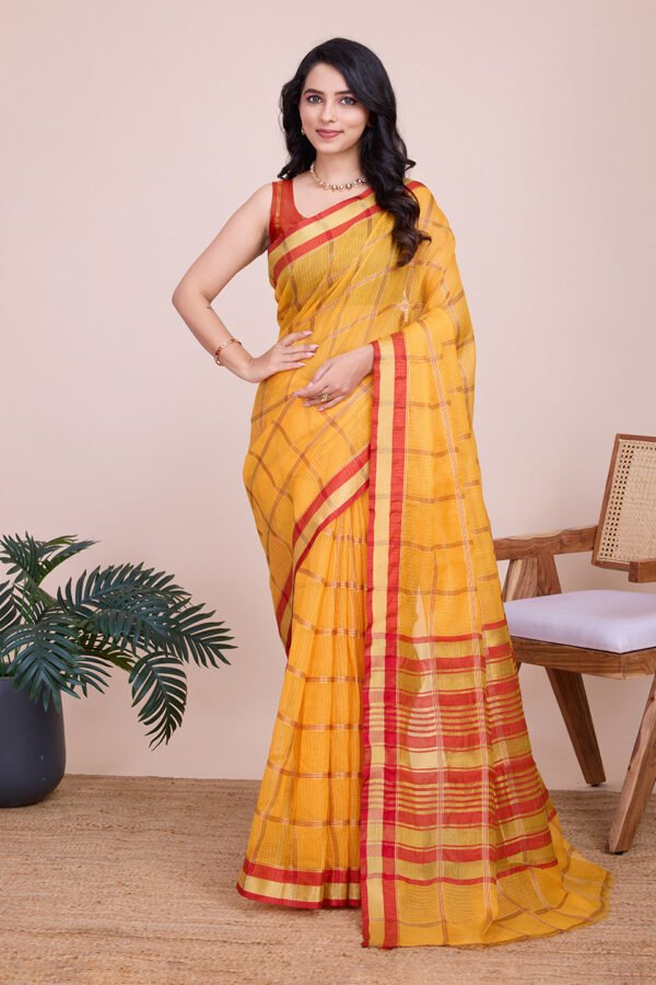 Yellow Kota Doriya Saree With Zari Weaving Work