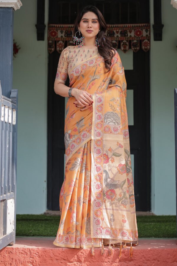 Orange Soft Linen Cotton Saree With Kalamkari Printed Work