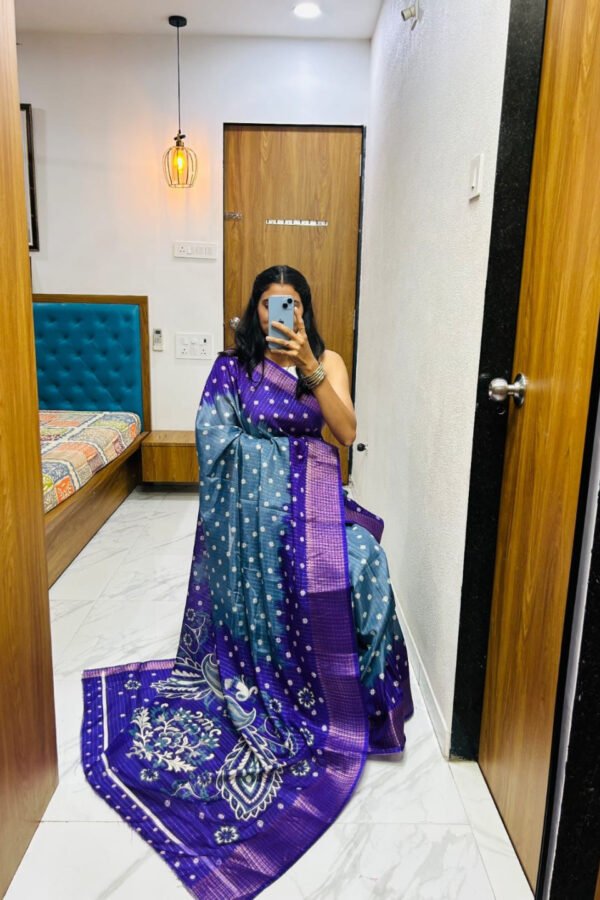 Gray and Purple Bandhej Printed Dola Silk Saree With Kalamkari Printed Pallu