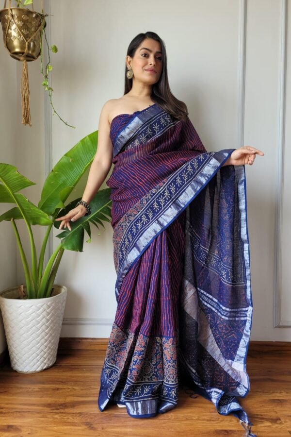 Blue Mix Linen Cotton Saree With Batik Printed Work