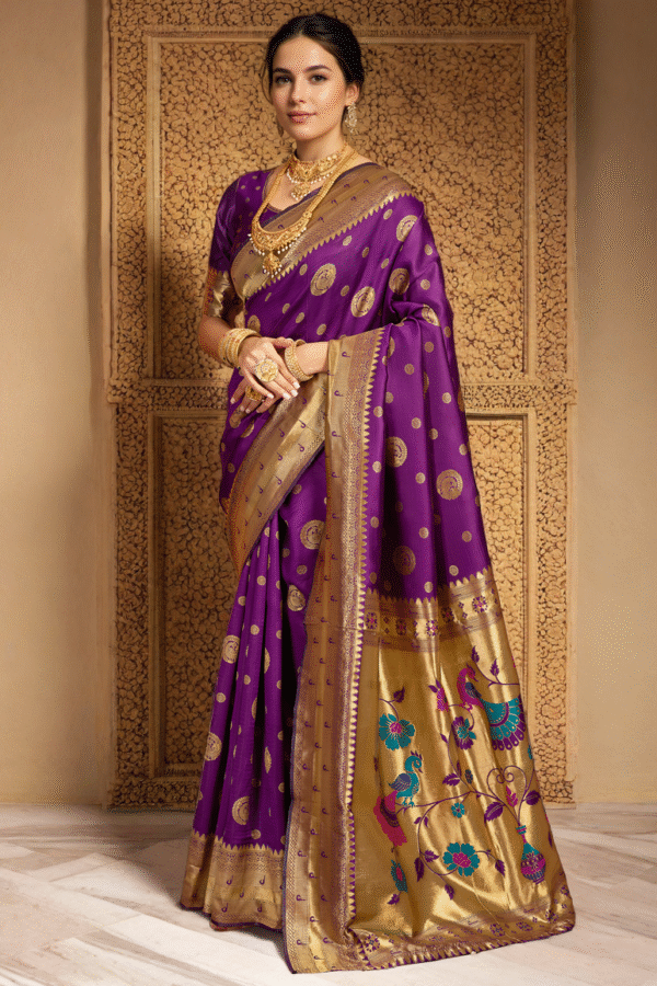 Wine Paithani Silk Saree With Zari Weaving Work