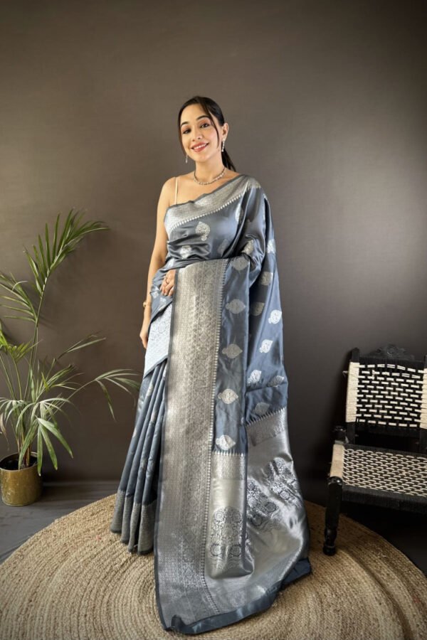 Gray Traditional Banarasi Silk Saree With Zari Weaving Work