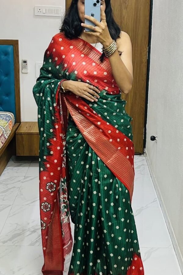Green and Red Bandhej Printed Dola Silk Saree With Kalamkari Printed Pallu