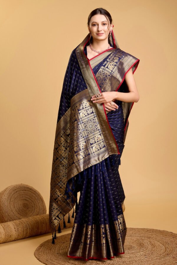 Navy Blue Color Banarasi Silk Saree With Zari Weaving Work