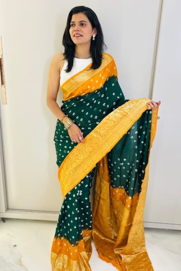 Multi Hand Bandhej Bandhani Saree With Zari Border