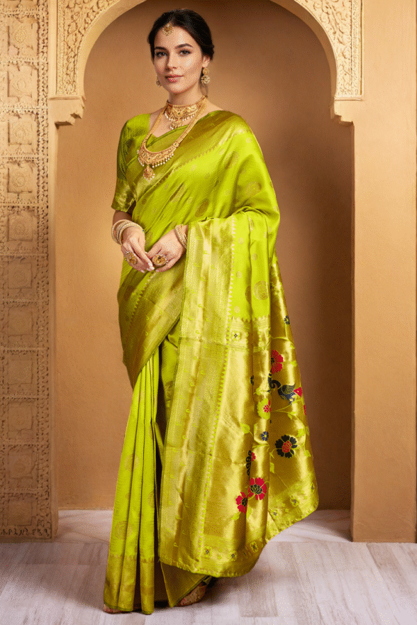 Parrot Green Paithani Silk Saree With Zari Weaving Work