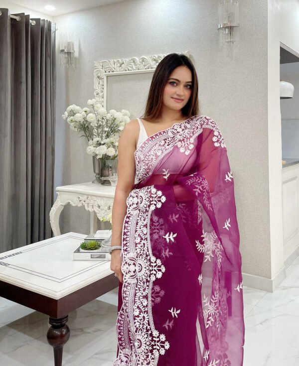Magenta Color Organza Silk Saree With Embroidery Work
