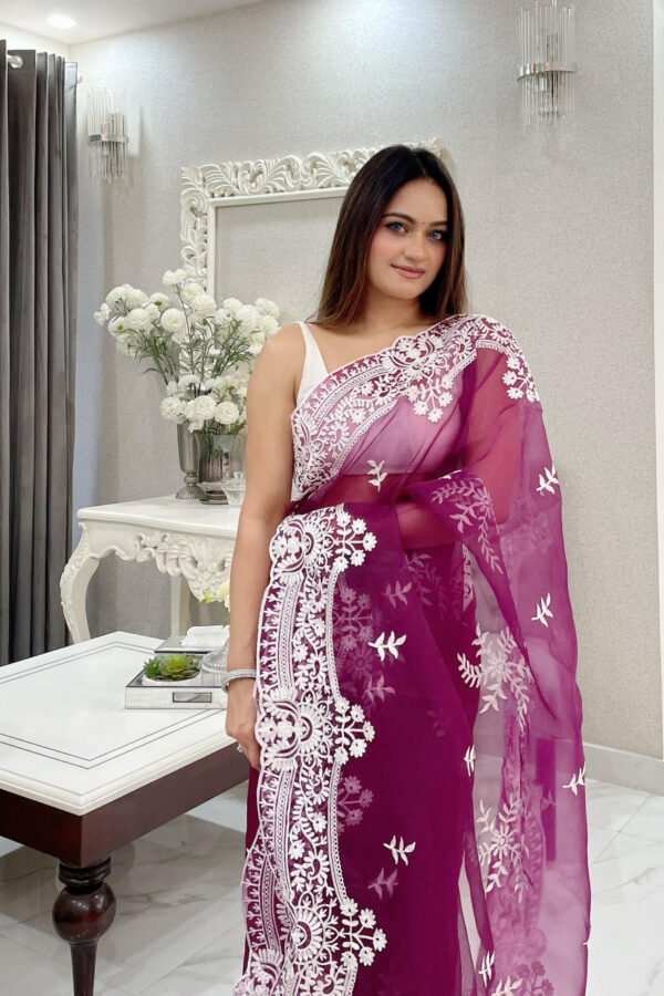 Magenta Color Organza Silk Saree With Embroidery Work
