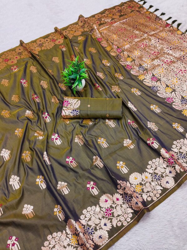 Mahendi Green Premium Banarasi Silk Saree With Meenakari Zari Weaving Work