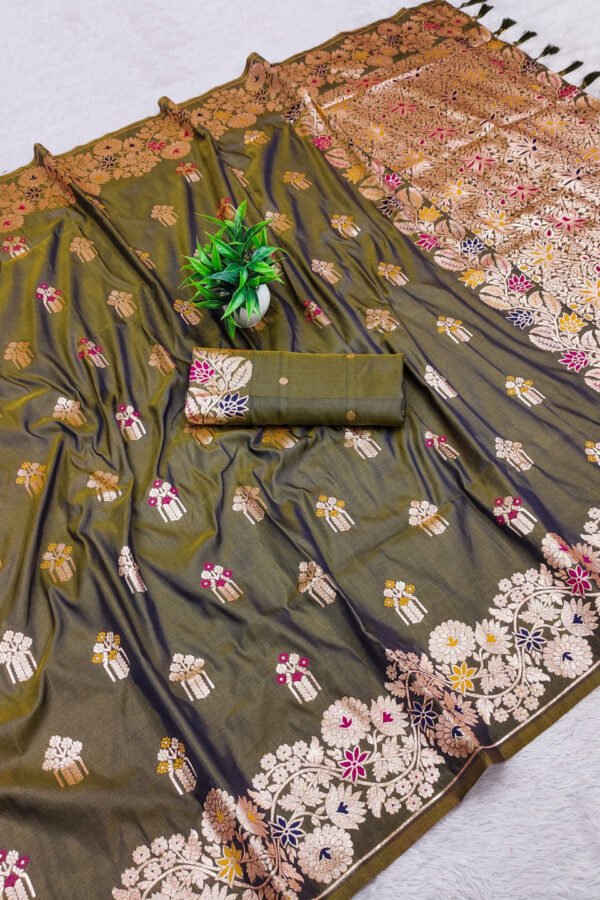 Mahendi Green Premium Banarasi Silk Saree With Meenakari Zari Weaving Work
