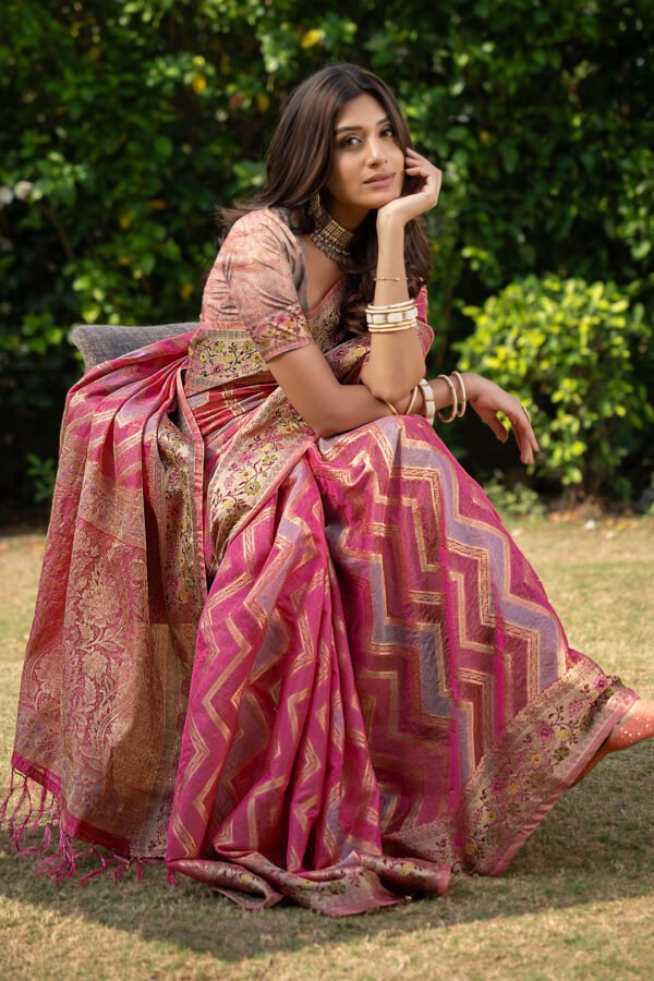Pink Color Organza Silk Saree With Zari Weaving Work - Image 2