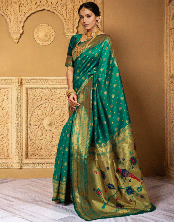 Rama Green Paithani Silk Saree With Zari Weaving Work - Image 2