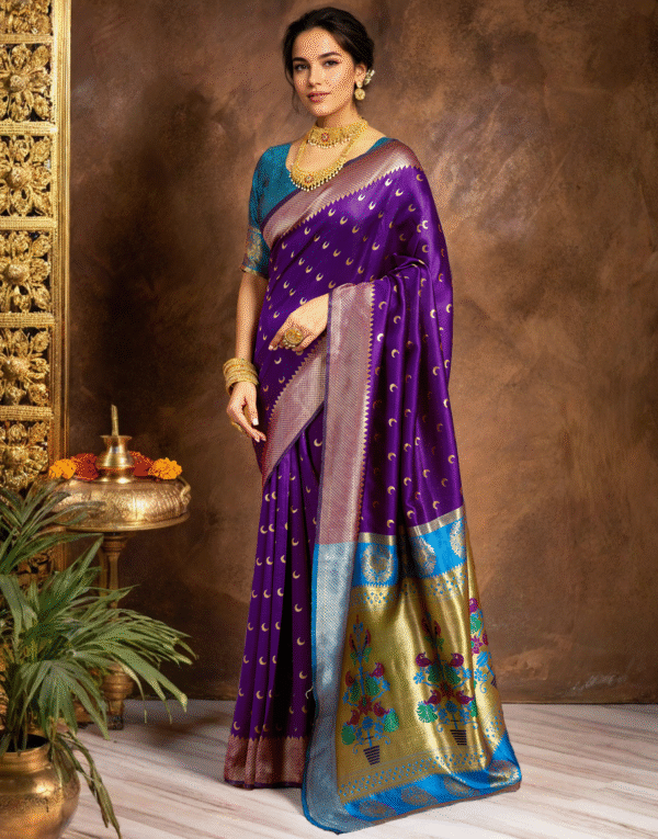 Traditional Purple Chand Design Paithani Silk Saree With Zari Weaving Work - Image 3