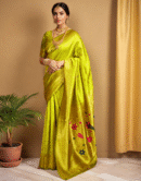 Parrot Green Paithani Silk Saree With Zari Weaving Work