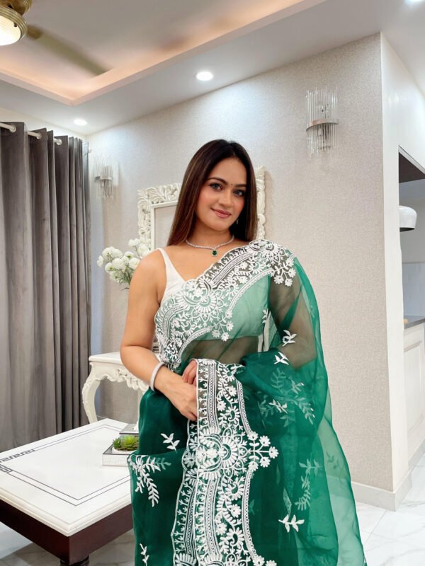 Green Color Organza Silk Saree With Embroidery Work - Image 2