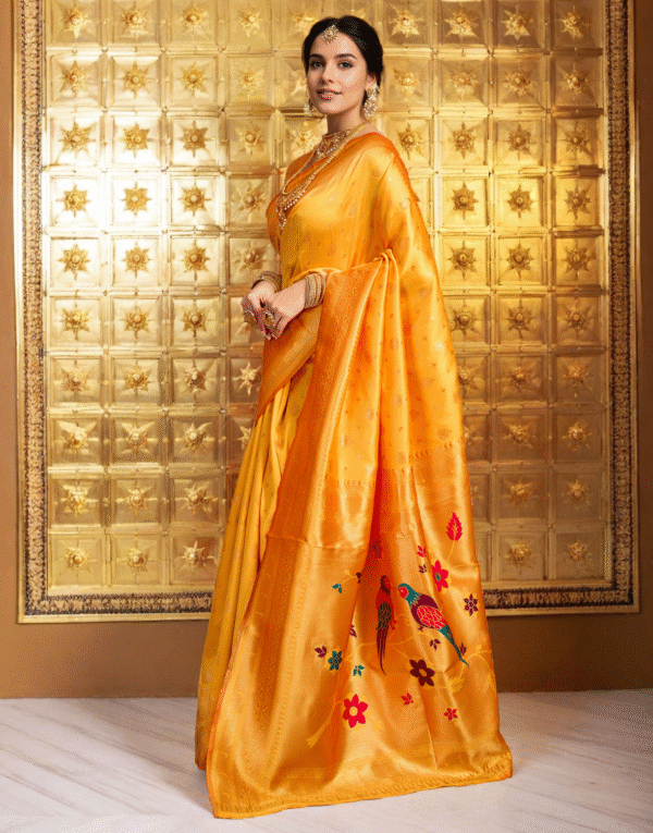 Yellow Paithani Silk Saree With Zari Weaving Work - Image 3