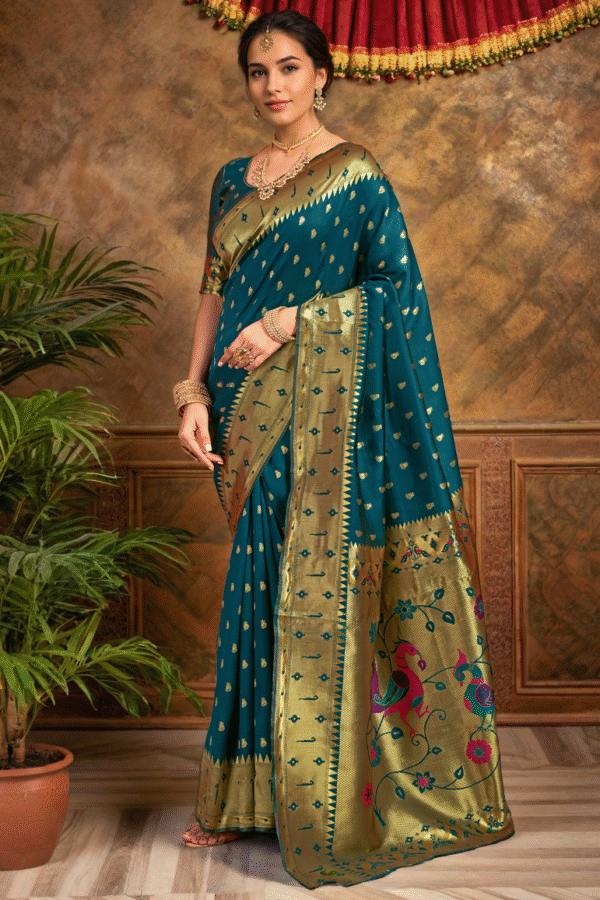 Traditional Morpeach Paithani Silk Saree With Zari Weaving Work