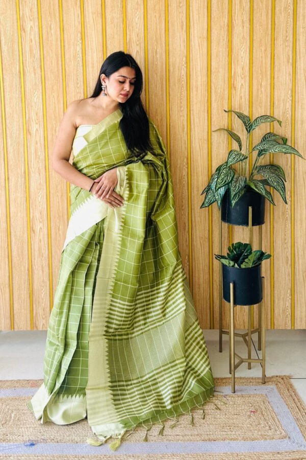Mahendi green raw silk saree with weaving temple border
