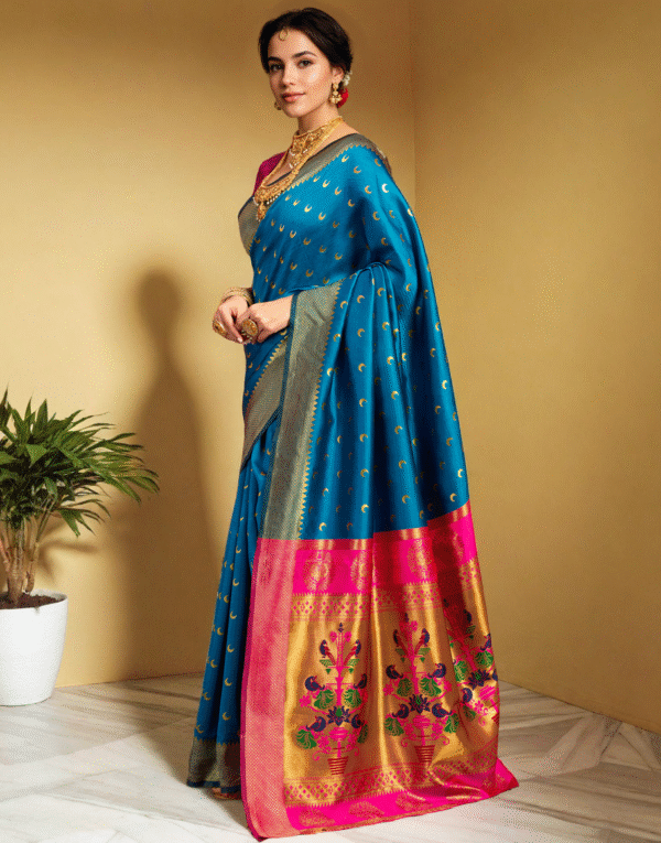 Traditional Morpeach Chand Design Paithani Silk Saree With Zari Weaving Work - Image 3
