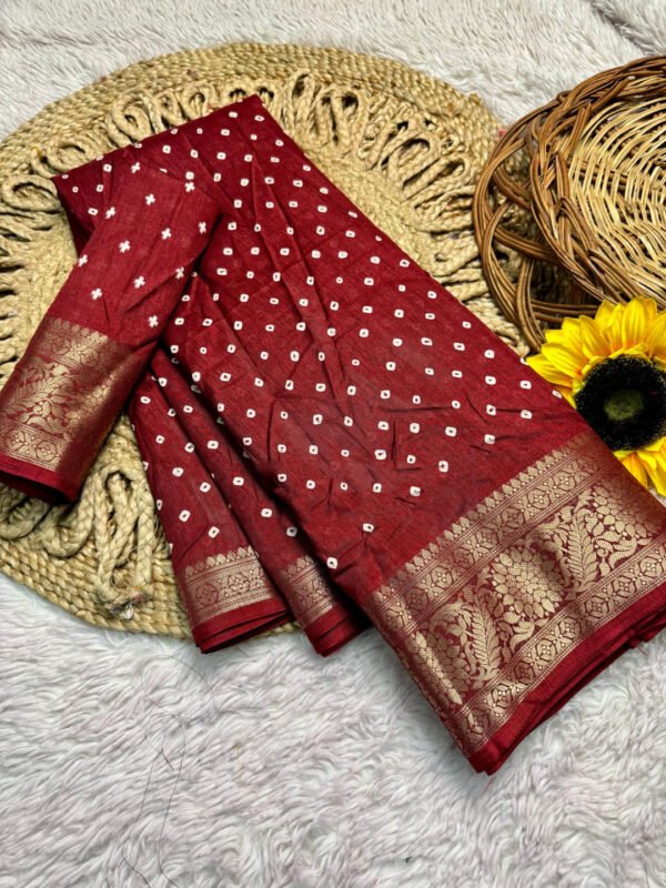 Maroon Dola Silk Bandhej Saree With Zari Border - Image 2